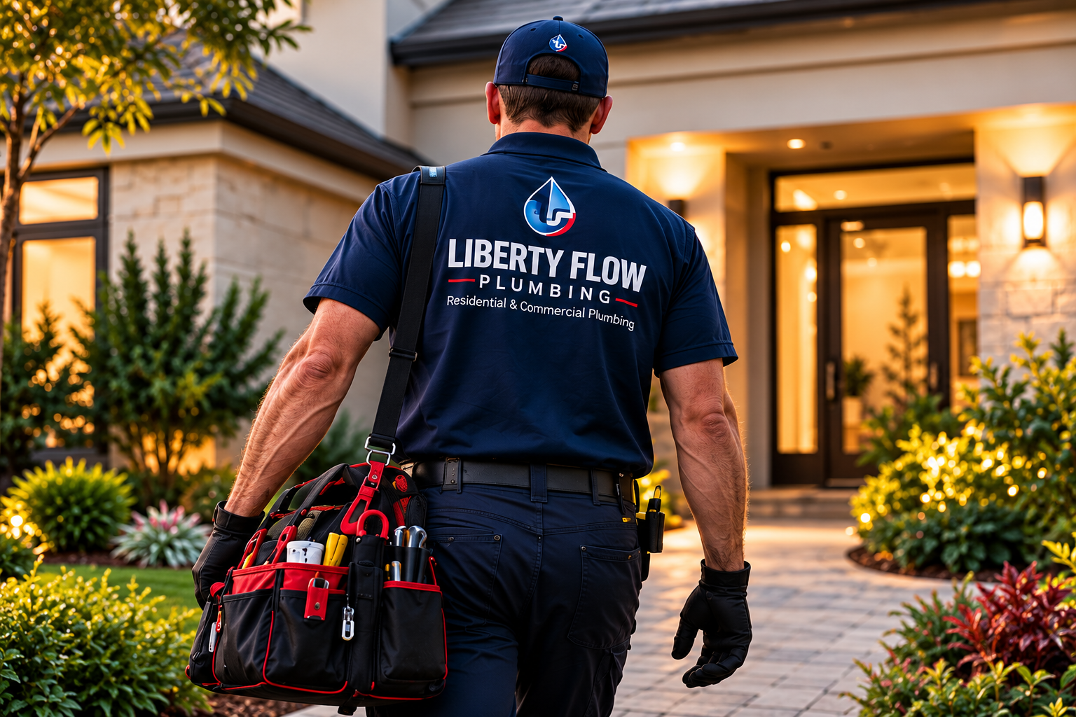 Plumber walking to residential home