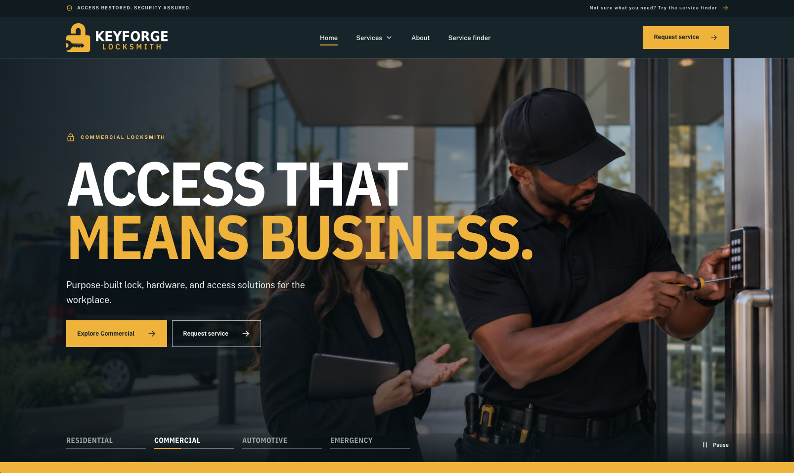 KEYFORGE Locksmith website design preview showing the commercial service homepage