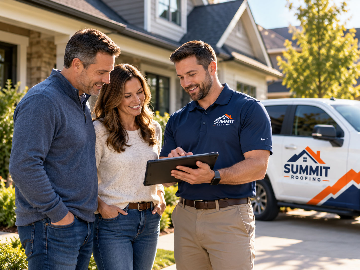 Roofing professional reviewing roof options with homeowners