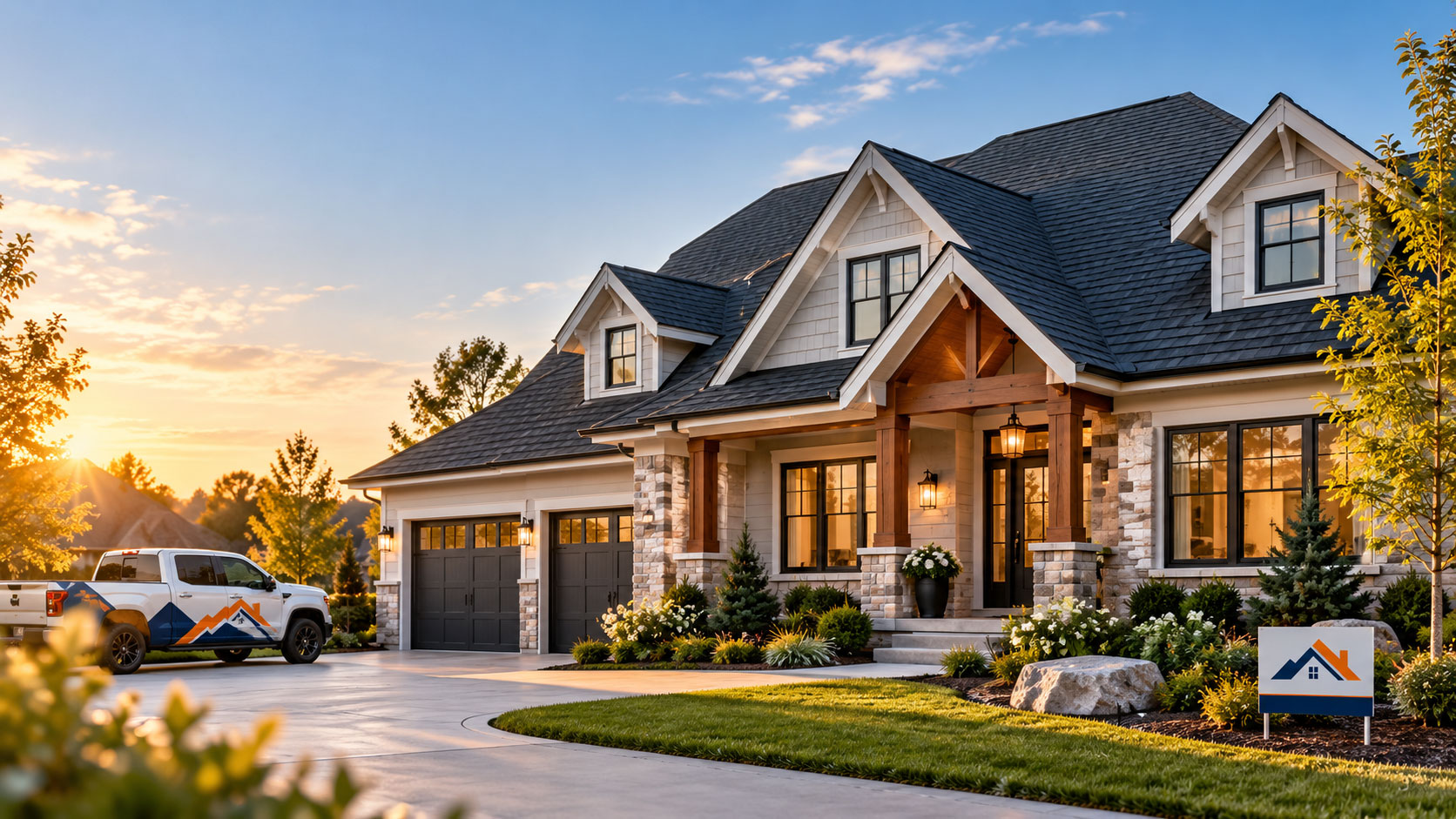 Residential house with a new architectural shingle roof in warm evening light