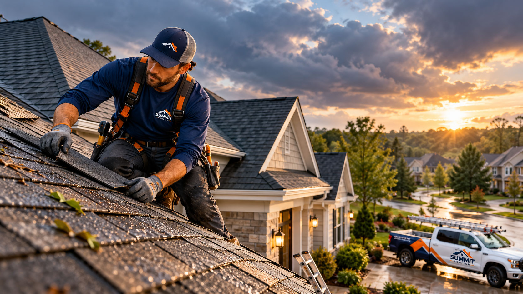 Roofer working near roof shingles after a storm