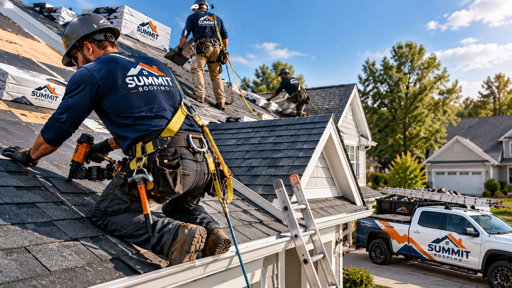 Crew installing a new shingle roof