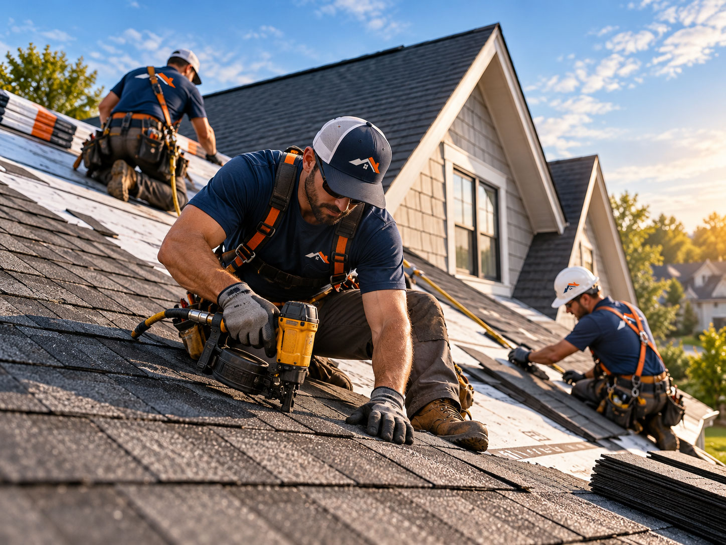 Roofing installation crew at work on residential roof